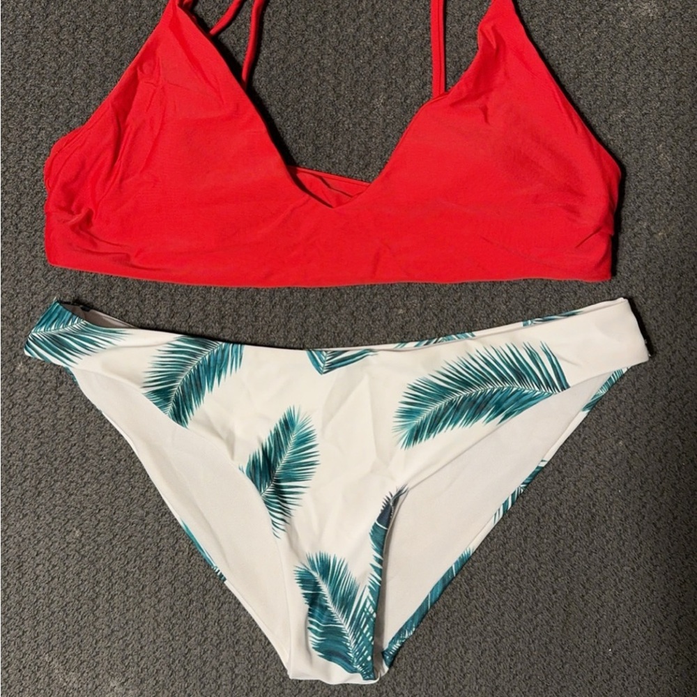 Vibrant Red and White Bikini with Tropical Print